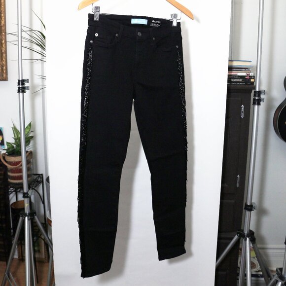 7 for all humankind black ankle skinny jeans with beaded fringe down the leg - Picture 2 of 16